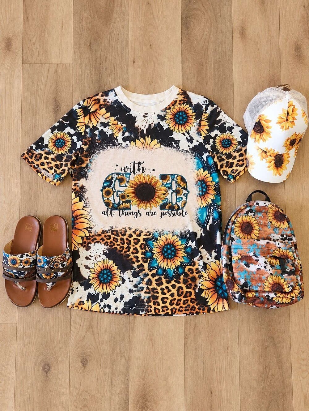 4 Matching Bundle Small Sunflower T Shirt, Ponytail Hat, Backpack, 7.5 Sandals